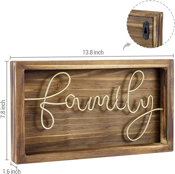 Burnt Solid Wood Framed Wall Art Sign with Brass Tone Metal Wire Cursive Family Word Sign-MyGift