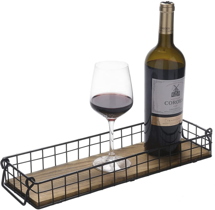 Burnt Brown Wood Rectangular Serving Basket Style Tray with Metal Wire Frame and Handles-MyGift