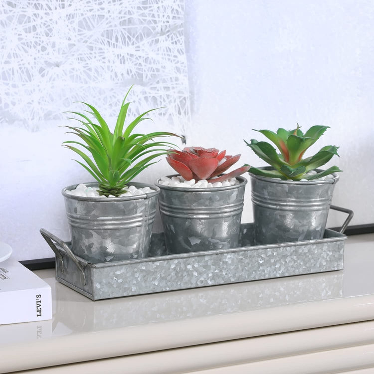 4 Piece Set Galvanized Metal Planter Buckets Small Succulent Plant Pots and Removable Display Tray with Handles-MyGift