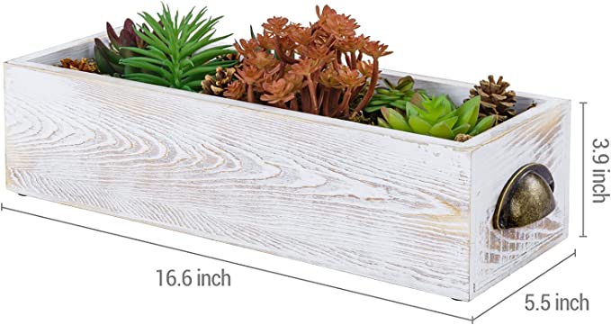 Artificial Succulents in Decorative Whitewashed Wood Rectangular Planter Pot, Window Box Planter with Vintage Brass Tone Handles-MyGift