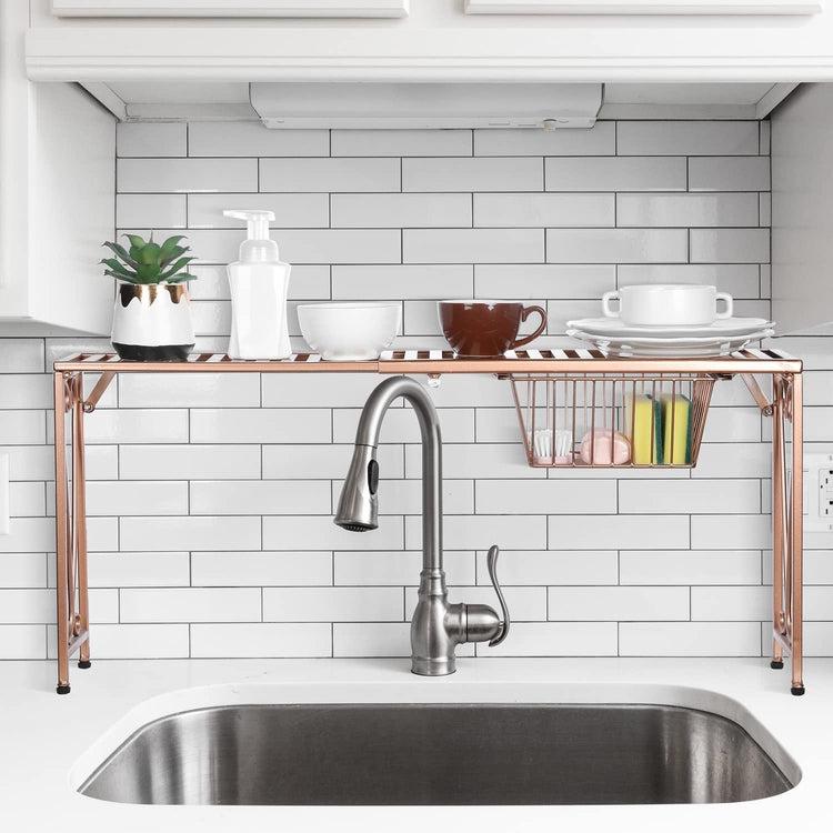 Copper Metal Kitchen Sink Rack Organizer, Expandable Over Sink Storage Shelf with Pull-Out Drawer and Scrollwork Design-MyGift