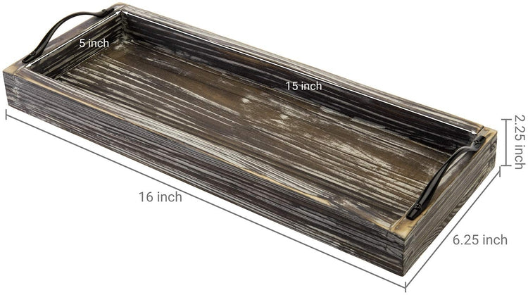 16 Inch Rustic Torched Wood Rectangular Vanity Display Tray with Black Metal Handles-MyGift