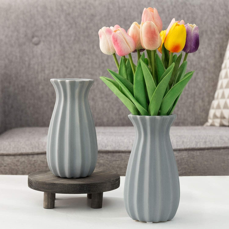 Set of 2, 7-inch Matte Gray Tulip Design Ribbed Ceramic Flower Vases-MyGift