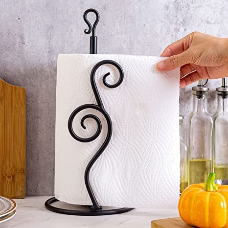 Matte Black Metal Kitchen Paper Towel Holder Dispenser Rack with Vintage Scrollwork Design-MyGift