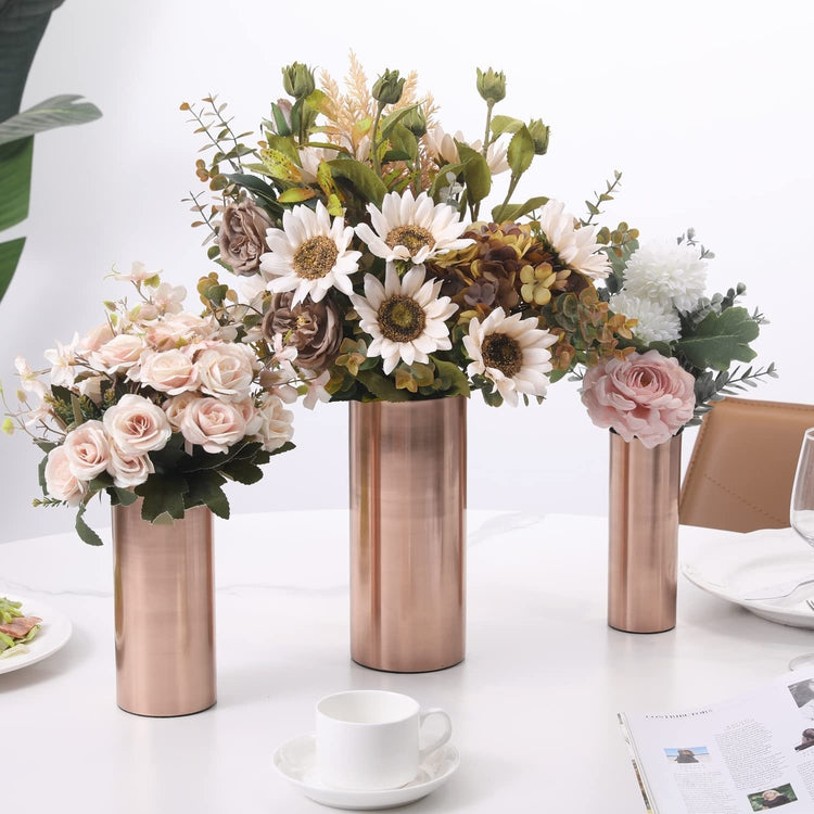 Tall Copper Tone Metal Cylinder Wedding Centerpiece Flower Vases, 3 Piece Set, Larger Assorted Sizes-MyGift