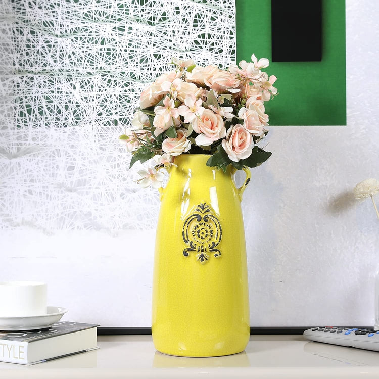Farmhouse Decor Vintage Vase, Antique Yellow Milk Jug Style Ceramic Vase for Flowers-MyGift