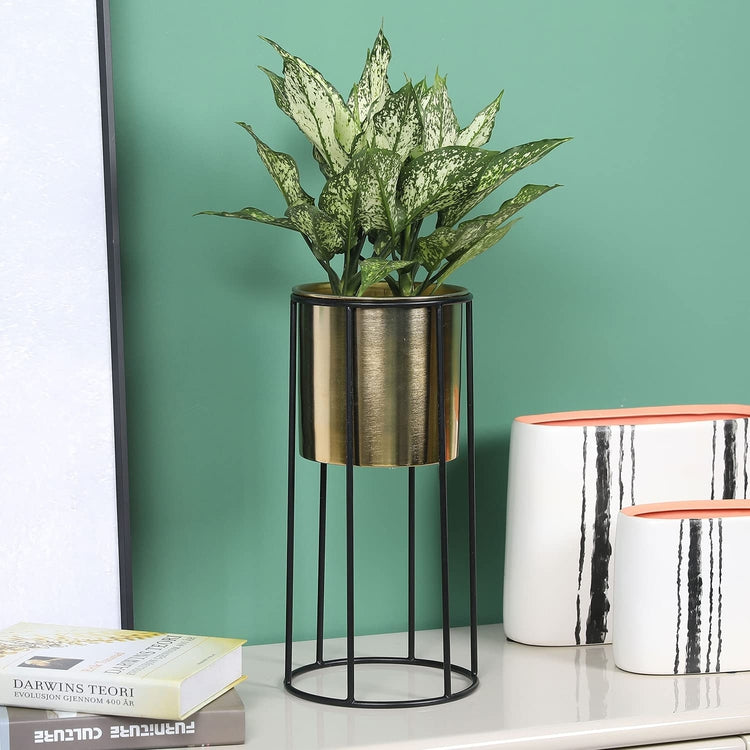 6 inch Modern Brass Tone Metal Flower Planter Pot with Industrial Black Metal Wire Display Stand-MyGift