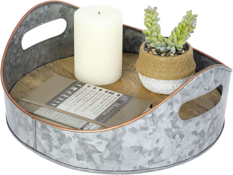 Silver Galvanized Metal Large Oval Serving Tray, Mango Wood Base and Brass Sloping Rim, Farmhouse Tray Decor-MyGift