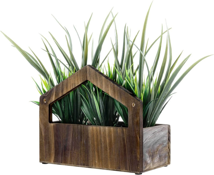 Artificial Grass in Burnt Wood Planter Box with Cursive Home Label, Wall Hanging or Tabletop Faux Greenery-MyGift
