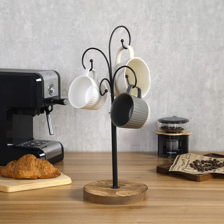 Tabletop Coffee Mug Tree, Teacup Holder Rack with Brown Wood Base and 4 Black Metal Curved Hook Arms-MyGift