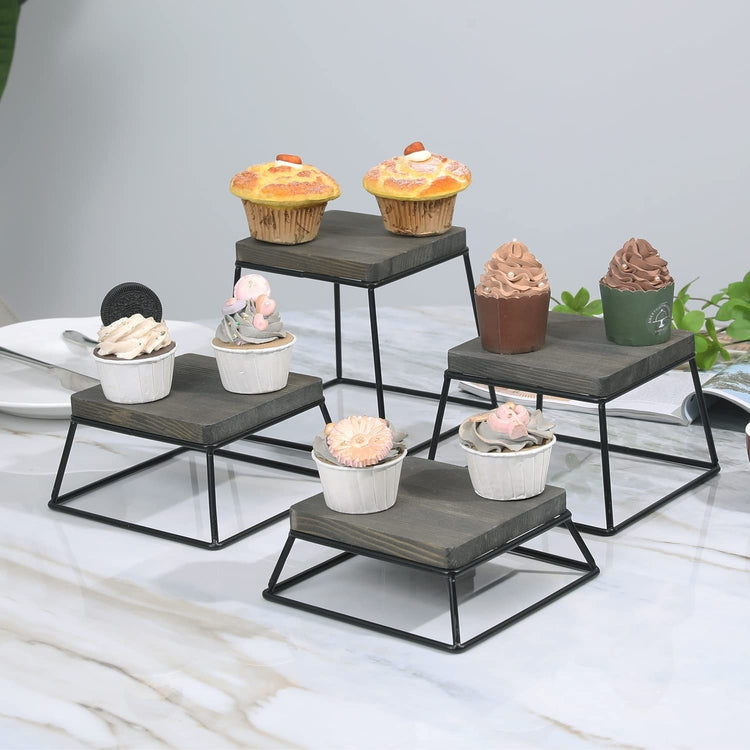 Set of 4, Dessert Display Stands, Weathered Gray Wood and Black Metal Cupcake Pedestal Stands-MyGift