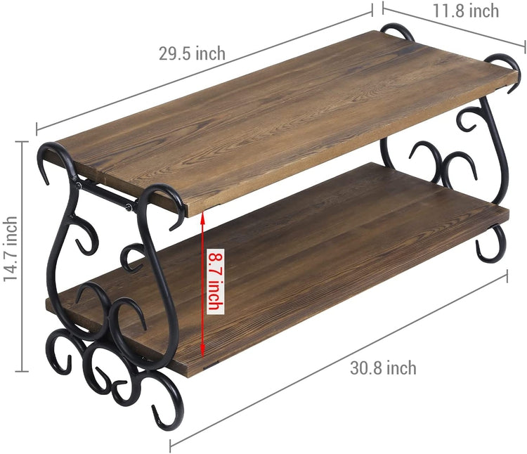 2 Tiered Shoe Rack, Vintage Metal Scrollwork and Burnt Wood Shoe Bench Shelves-MyGift