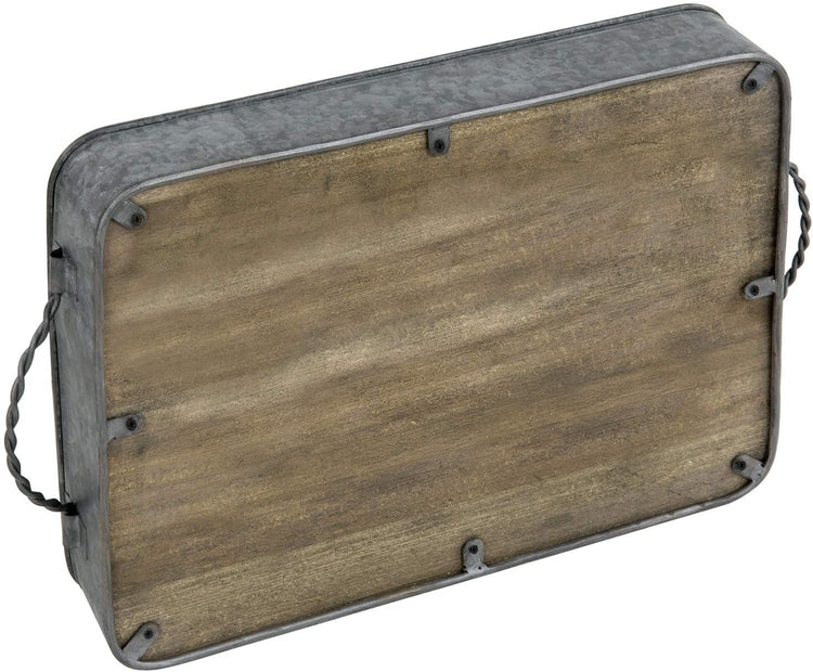 Rustic Galvanized Metal & Solid Wood Serving Tray w/ Twisted Metal Handles-MyGift