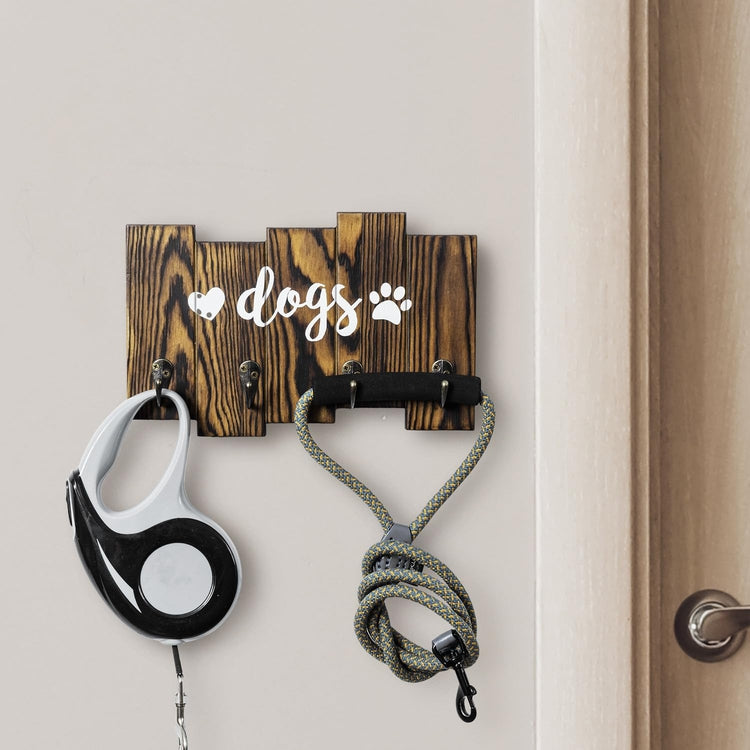 Wall Mounted Burnt Wood Dog Leash Holder and Key Rack with White Cursive Lettering Dogs Label, Heart, and Paw Print Sign-MyGift