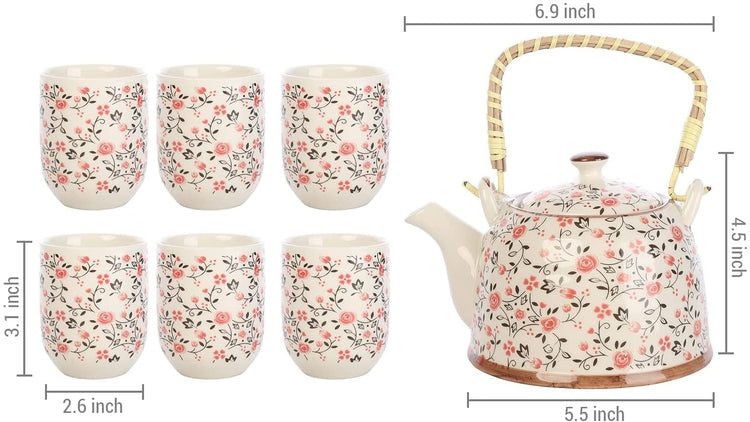 Japanese Ceramic Tea Service Set Pink Rose Pattern Design, Teapot with Bamboo Top Handle, Tea Leaf Strainer, 6 Teacups-MyGift