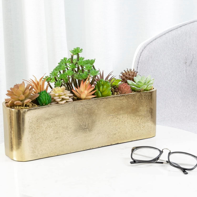 Gold Metal Succulent Planter Pot, Elongated Oval Flower Vase Plant Holder Tabletop Centerpiece-MyGift