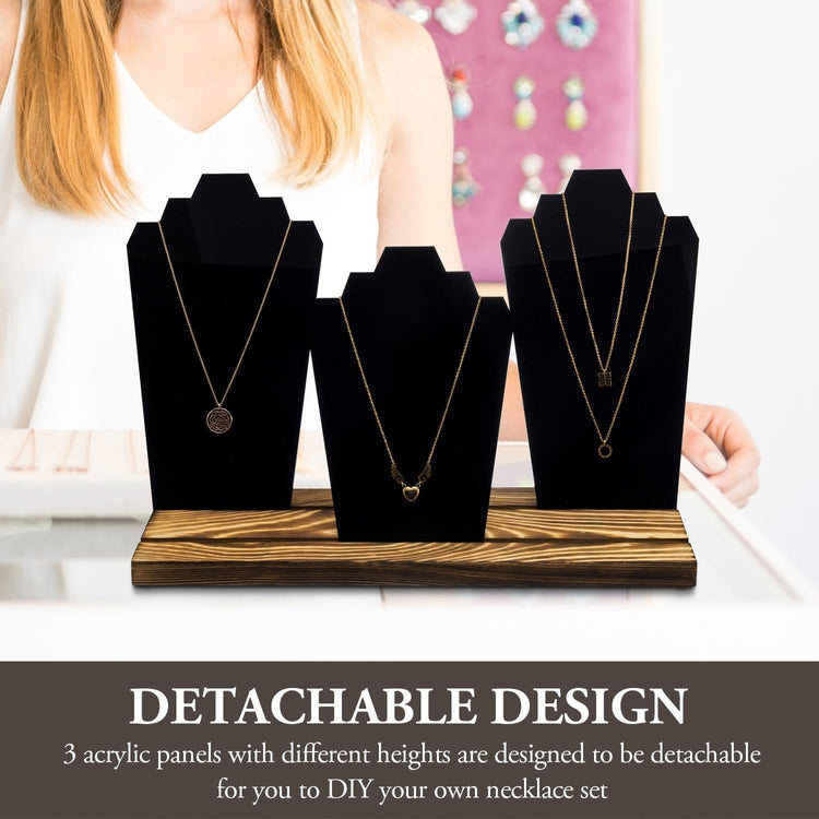 Black Acrylic Multi Necklace Holder w/ Burnt Solid Wood Base, Jewelry Stand-MyGift