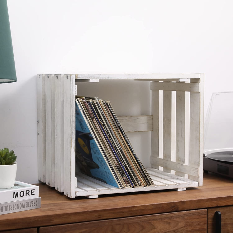 Whitewashed Wood Vinyl Record Storage Box, Crate Style LP Album Organizer Bin-MyGift