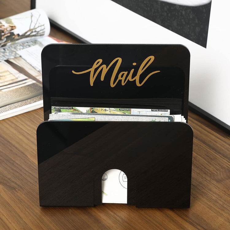 Black Acrylic Tabletop Mail Sorter with Decorative Cursive Gold Mail Lettering-MyGift