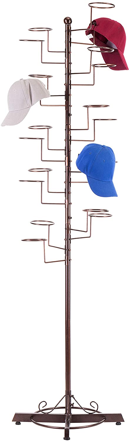 Dark Brown Metal Freestanding Retail Display Stand with 20 Circular Hooks for Hats and Wigs-MyGift
