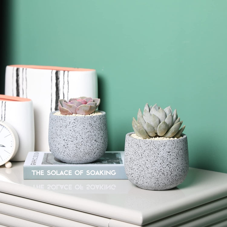 Set of 2, 5-Inch Round Concrete Small Plant Pot with Black Speckled Design, Decorative Cactus Succulent Planters-MyGift