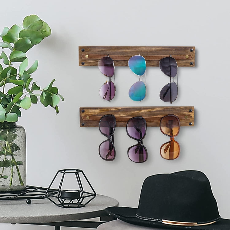 Set of 2, Wood and Leatherette Wall Mounted Sunglasses Holder, Eyewear Display Rack-MyGift