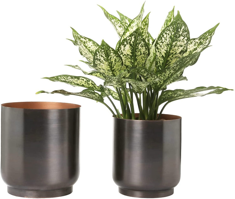 Set of 2, Copper Planter, Metal Cylindrical Indoor Planter Pot-MyGift