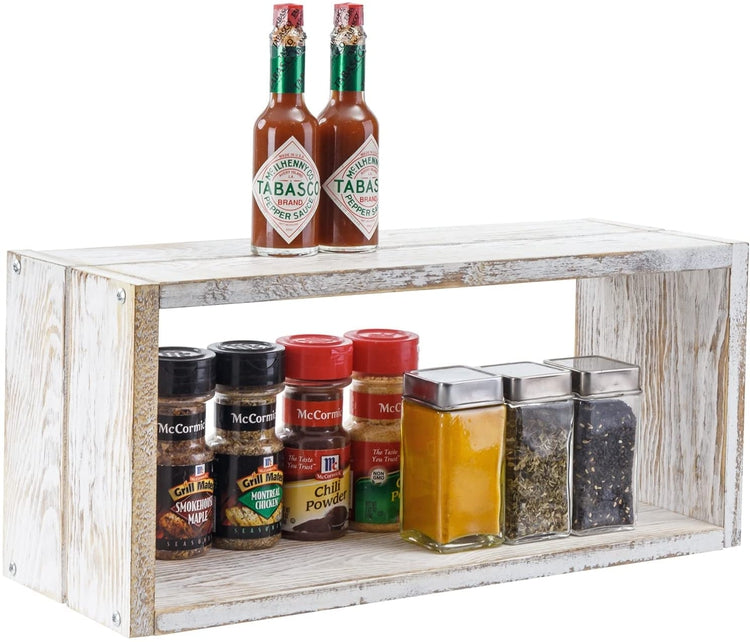Whitewashed Wood Wall Mounted Floating Shadow Box Kitchen Shelf, Rectangular Wooden Display Shelf and Spice Storage Rack-MyGift