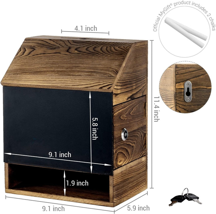 Wall Mountable Burnt Wood Comment Box with Chalkboard Surface, Lock, and Keys, Collection Suggestion Ballot Tip Box-MyGift