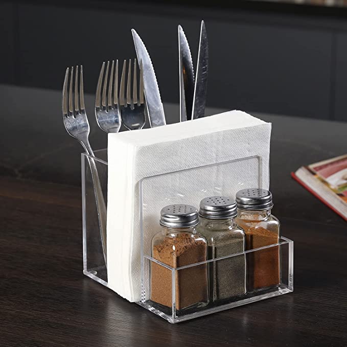 Modern Clear Acrylic Salt and Pepper Shakers, Modern Tabletop Organizer with Napkin Holder-MyGift