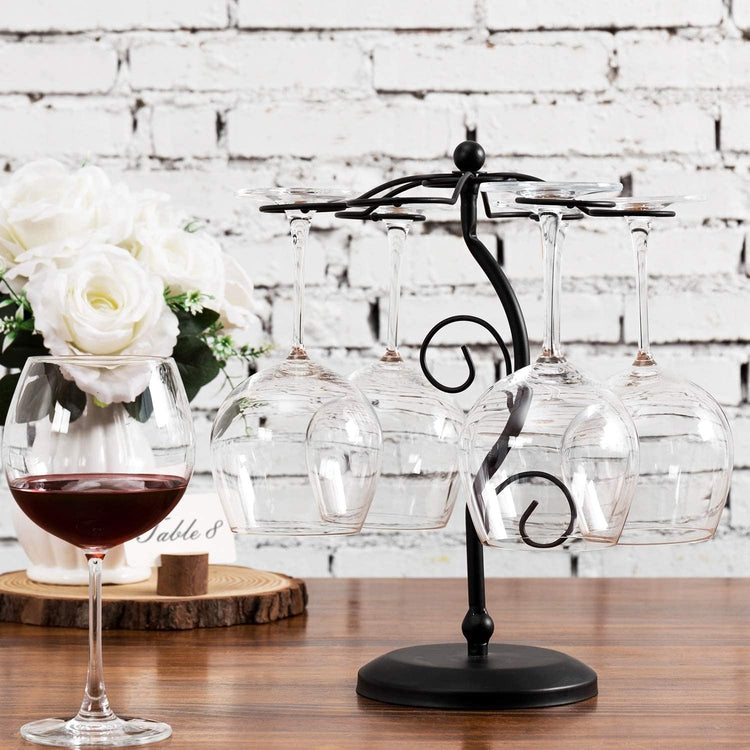 6-Hook Freestanding Black Metal Countertop Wine Glass Holder Rack, Stemware Tree Display Stand-MyGift