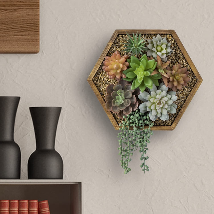 3D Art Wall Hanging Succulents, Vertical Hexagonal Burnt Wood Planter Box, Artificial Faux String of Pearls Arrangement-MyGift