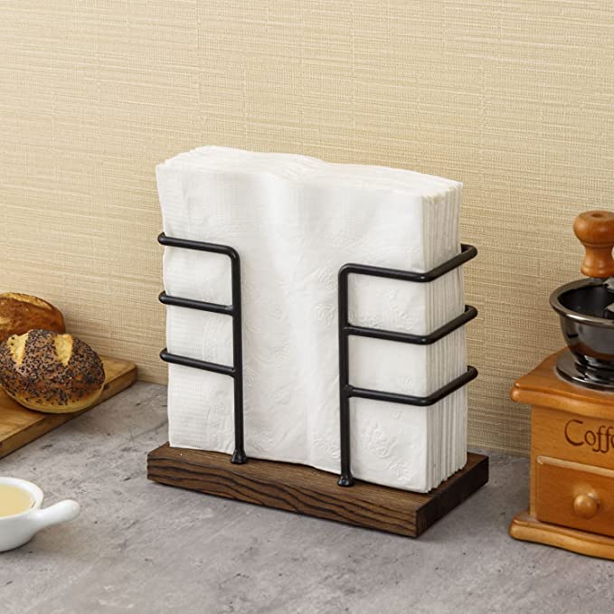 Freestanding Rustic Napkin Holder with Burnt Brown Wood and Industrial Black Metal Geometric Design-MyGift