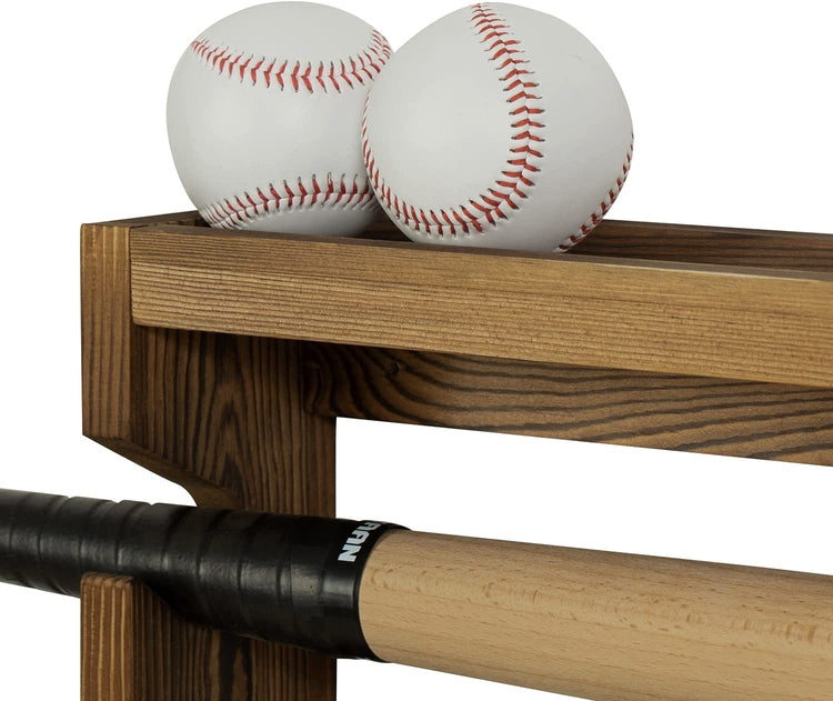 Dark Burnt Wood Wall Mounted Baseball Display Storage Rack with Bat Holder, Ball Tray Shelf and Cap Hanging Coat Hooks-MyGift