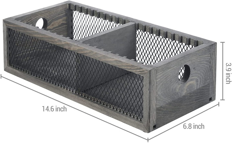 Gray Wood CD Storage Box, Tabletop Compact Disc Holding Rack with Metal Mesh Wire Sides-MyGift