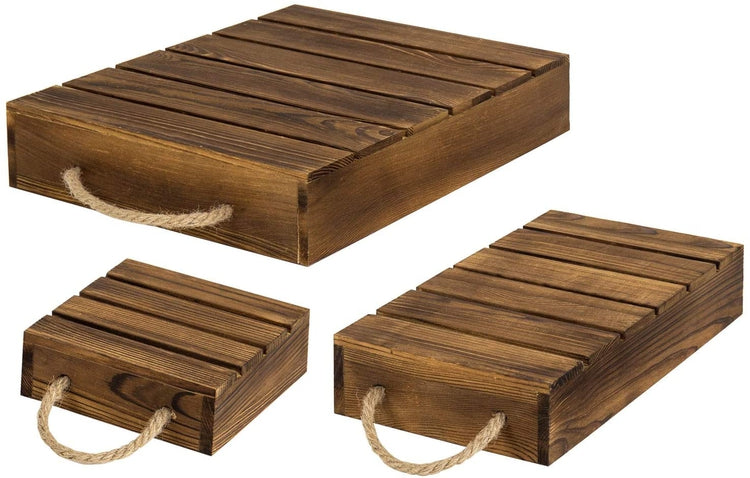 3-Tier Burnt Wood Pallet Style Dessert Riser Stands, Retail Displays with Rope Handles-MyGift