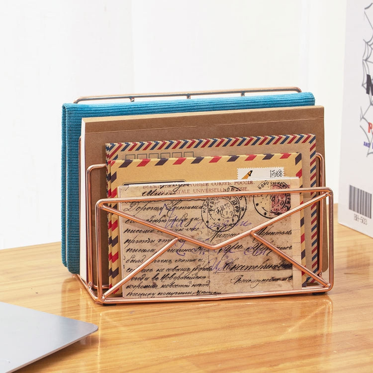 3 Slot Modern Copper Metal Wire Envelope Design Desktop Mail Sorter, Letter Holder Desk Organizer-MyGift