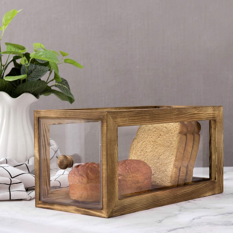 13-inch Clear Acrylic Bread Storage Box with Brown Burnt Wood Frame-MyGift