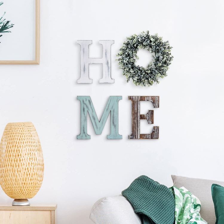 Home Sign Wall Decor Home Letters for Wall with Artificial Boxwood Wreath, Wood Individual Cutout Letters-MyGift