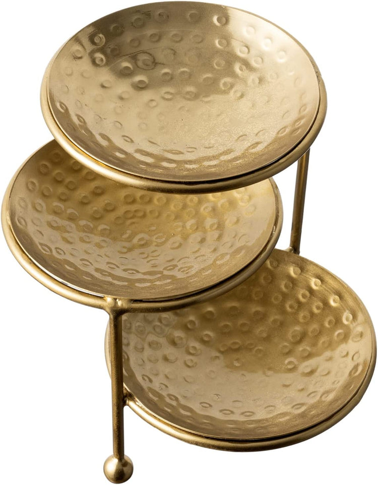3 Tier Jewelry Dish Organizer, Hammered Brass Plated Metal Ring Tray, Earring, Necklace, Bracelet Storage Display Tower-MyGift