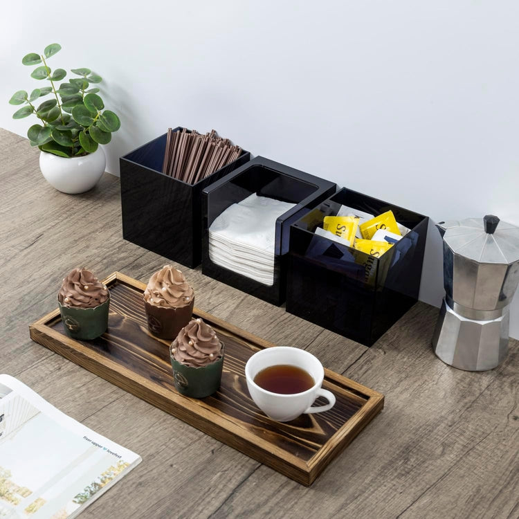 Modular Coffee and Tea Station Organizer with 3 Removable Black Acrylic Compartments and Burnt Wood Decorative Tray-MyGift