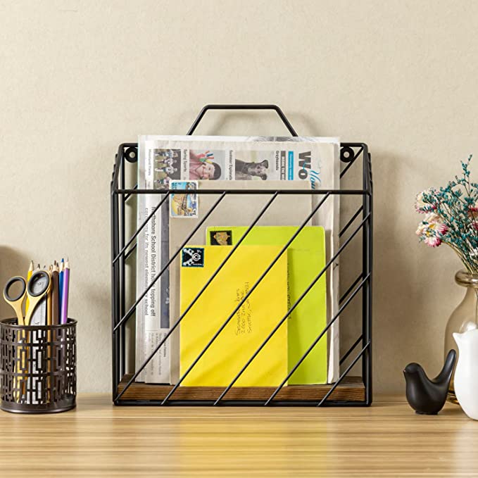Black Metal Document Holder Storage Basket, Magazine Rack with Rustic Burnt Wood Base-MyGift