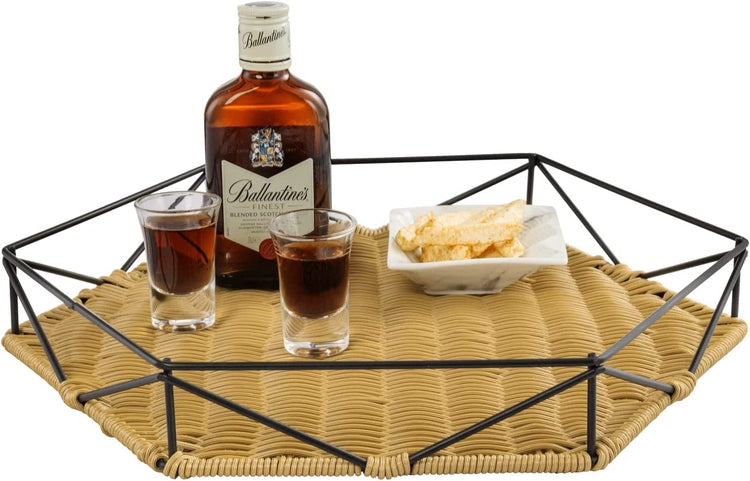 Hexagonal Brown Woven Rattan Tray with Black Metal Geometric Frame Handles-MyGift