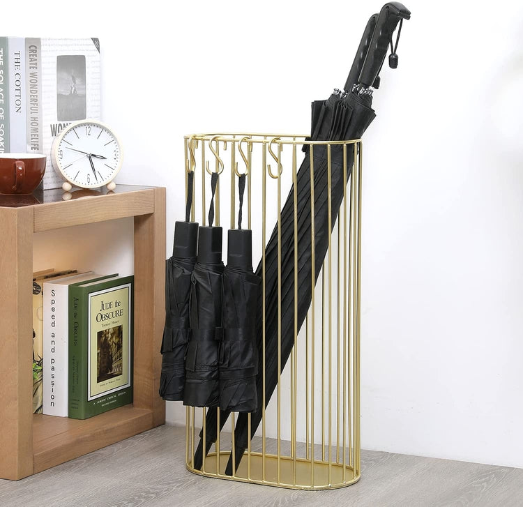 Brass Metal Freestanding Indoor Umbrella Stand with 4 S-Hooks for Compact Travel Umbrellas-MyGift