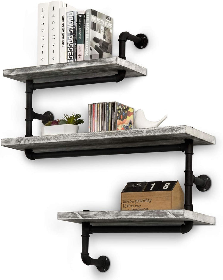 Black Metal Pipe and Gray Washed Wood, Wall Mounted 3-Tier Shelves-MyGift