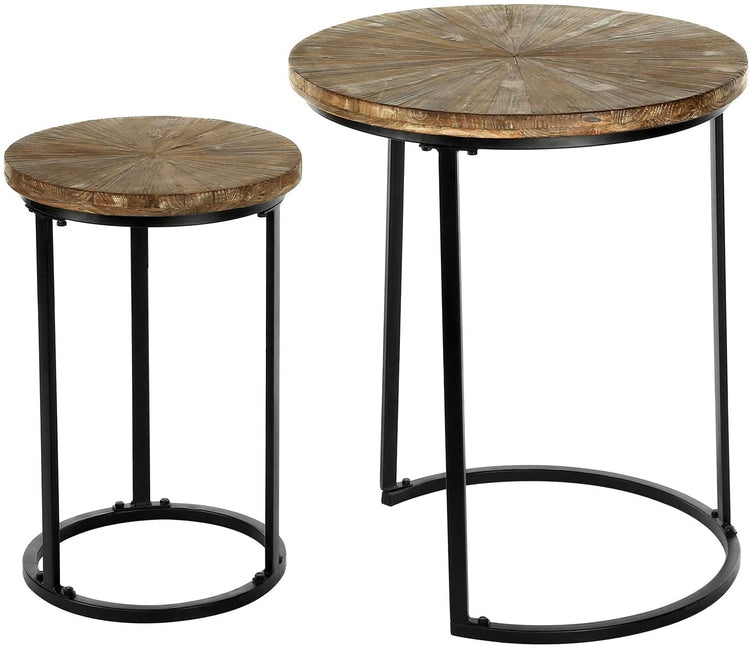 Set of 2, Brown Reclaimed Wood and Matte Black Metal Round Nesting End Tables-MyGift