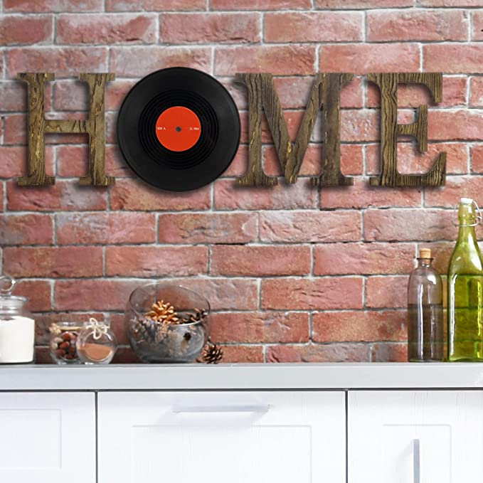Dark Burnt Wood Wall Mounted Home Letter Sign with Vinyl Record Design-MyGift