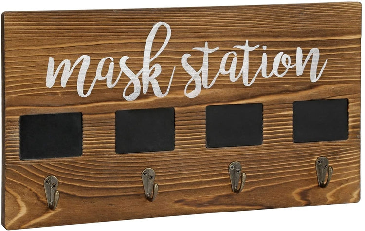4-Hook Dark Brown Burnt Wood Wall Mounted Face Mask Hanger Rack with Chalkboard Labels-MyGift
