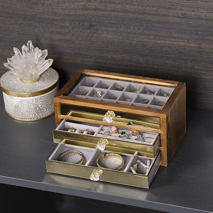 Jewelry Box with Brass Paneled Drawer, Wood Jewelry Storage Chest with 3 Velvet Lined Drawers-MyGift