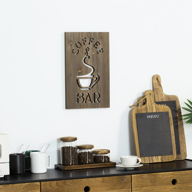 Brown Wood Kitchen Wall Décor Decorative Sign COFFEE BAR Carved Cutout Words and Steaming Cup-MyGift
